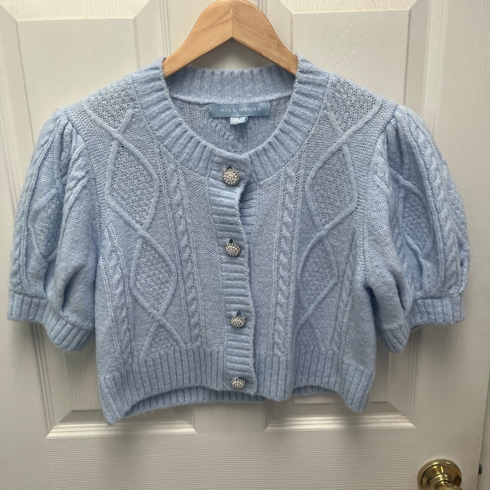 Hill House “Ollie” Blue Cable Knit Cardigan with Puff Sleeves